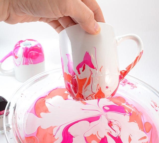 DIY Marbled Love Coffee Mugs Made with Nail Polish