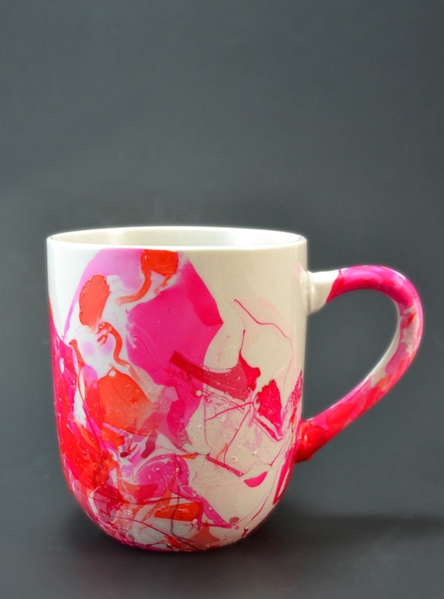 DIY Marbled Love Coffee Mugs Made with Nail Polish