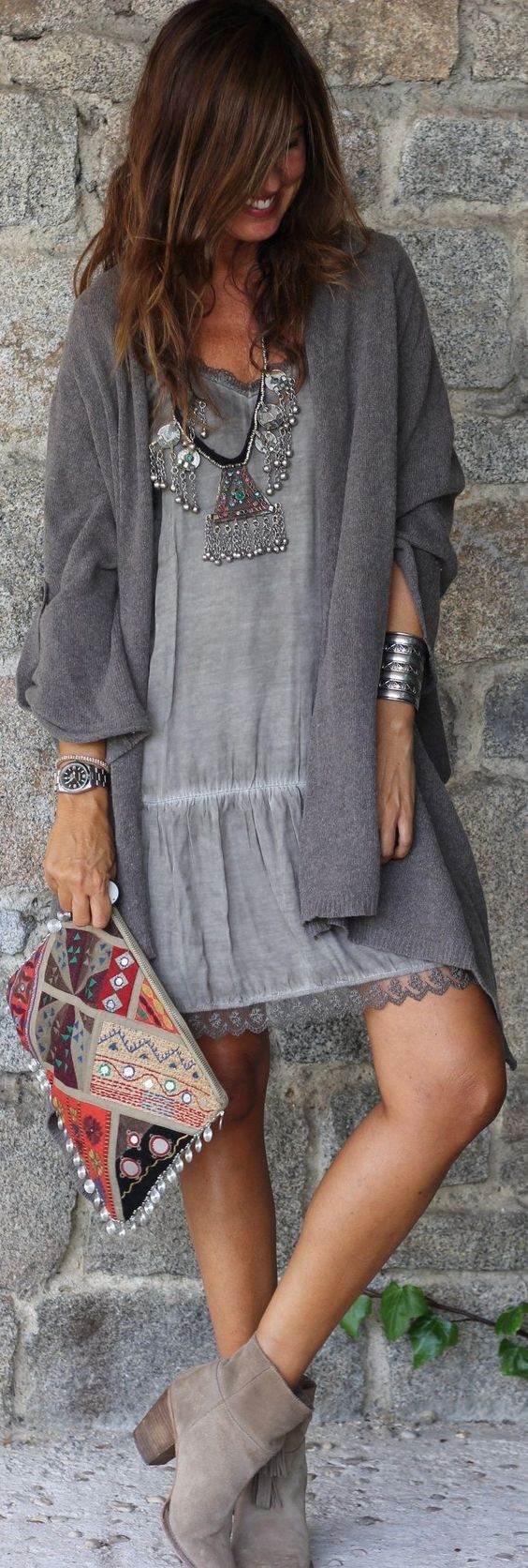 Grey Boho Dress + Cardigan