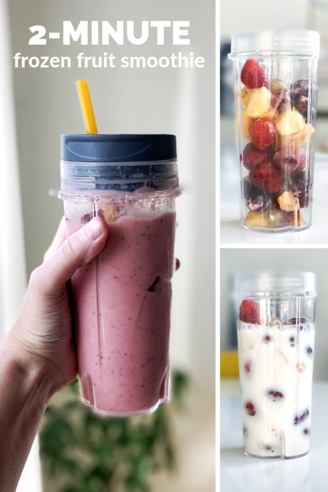 Easy 2-Minute Frozen Fruit Smoothie - For this particular smoothie, I used a frozen "mixed fruit" assortment of sliced peaches, seedless red grapes, pineapple chunks, and strawberries. BUT you can do any frozen fruit you like, which is the beauty of this recipe!