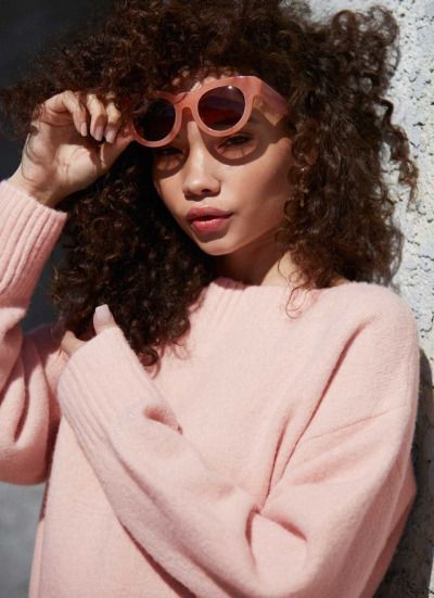 fuzzy millennial pink sweater and sunnies combo