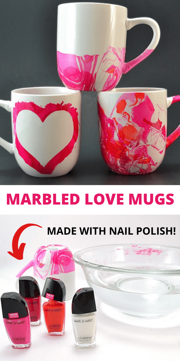 DIY Marbled Love Coffee Mugs Made with Nail Polish