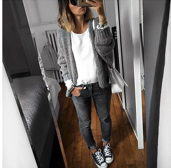 Acid Washed Black Jeans with a Grey Open-Front Cardigan