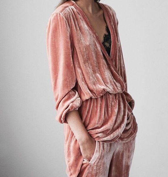 millennial pink, crushed velvet romper