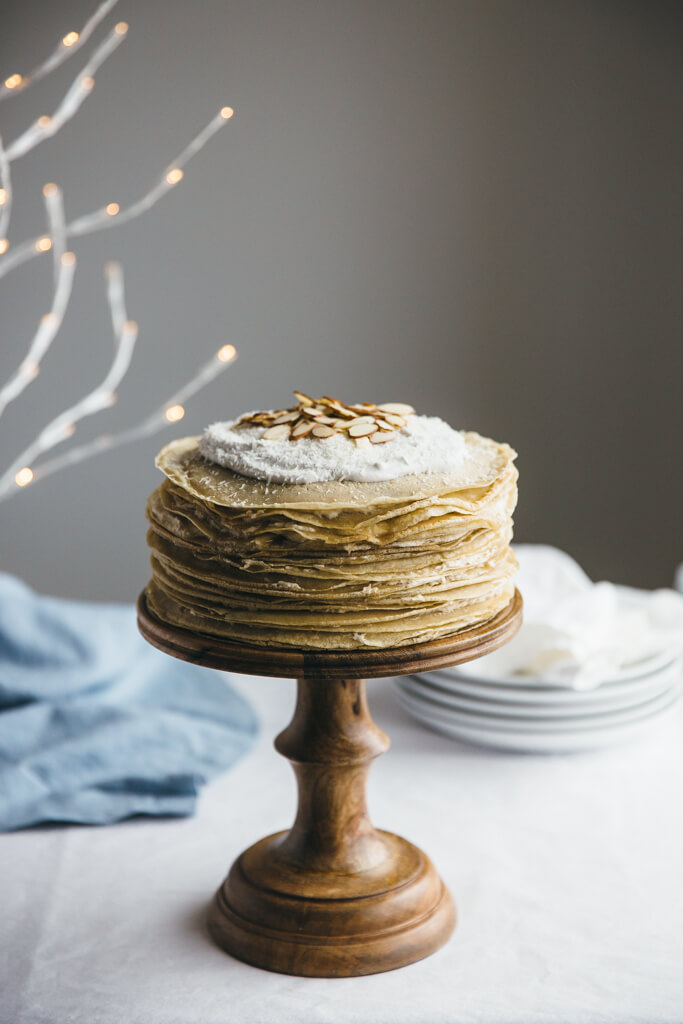 Coconut Amaretto Crepe Cake Recipe by Downshiftology with Lisa Bryan